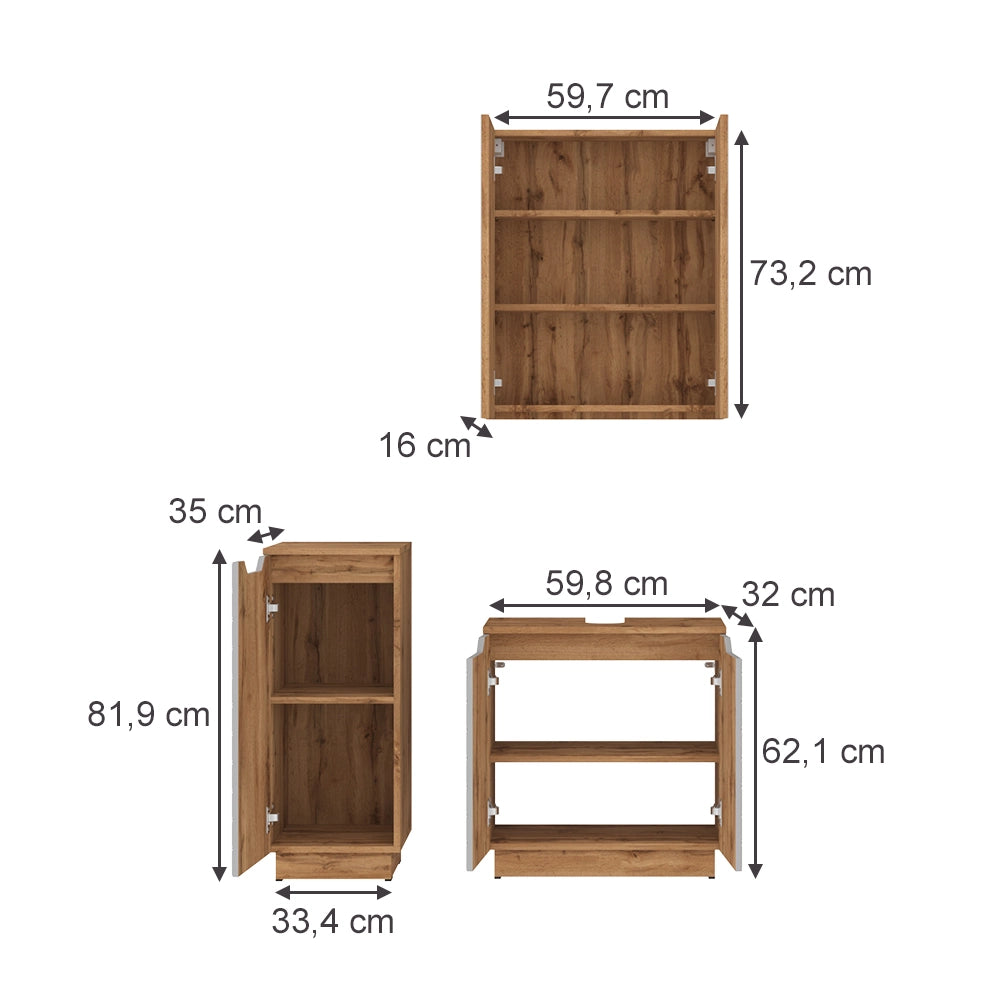 Vicco Set di mobili da bagno Rovere/grigio con struttura in piastrelle 3 parti