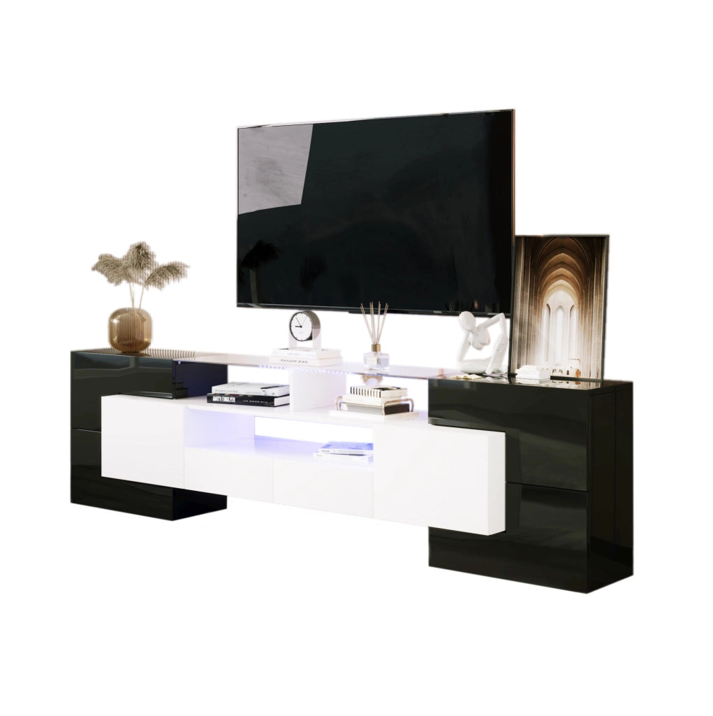 Mobile TV 200x35x60 cm; con LED e ampio spazio; truciolato e MDF; nero e bianco