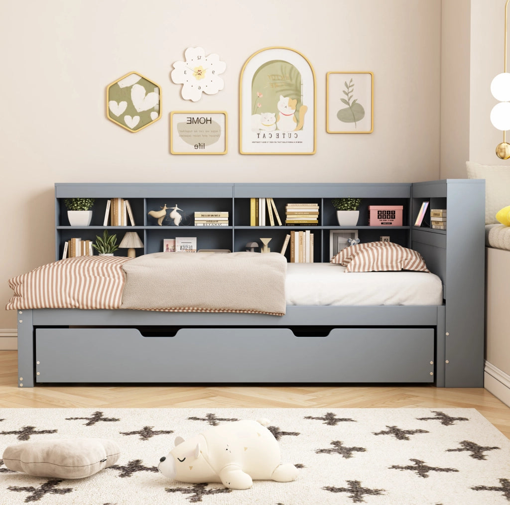 Divano letto 90x200 cm con USB e vani contenitore; legno; grigio