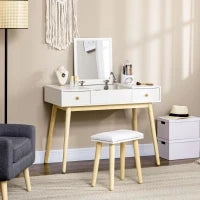 Set di Toeletta con Sgabello, 2 Cassetti e Specchio Ribaltabile, Stile Scandinavo, 100 x 45 x 118 cm, Bianco