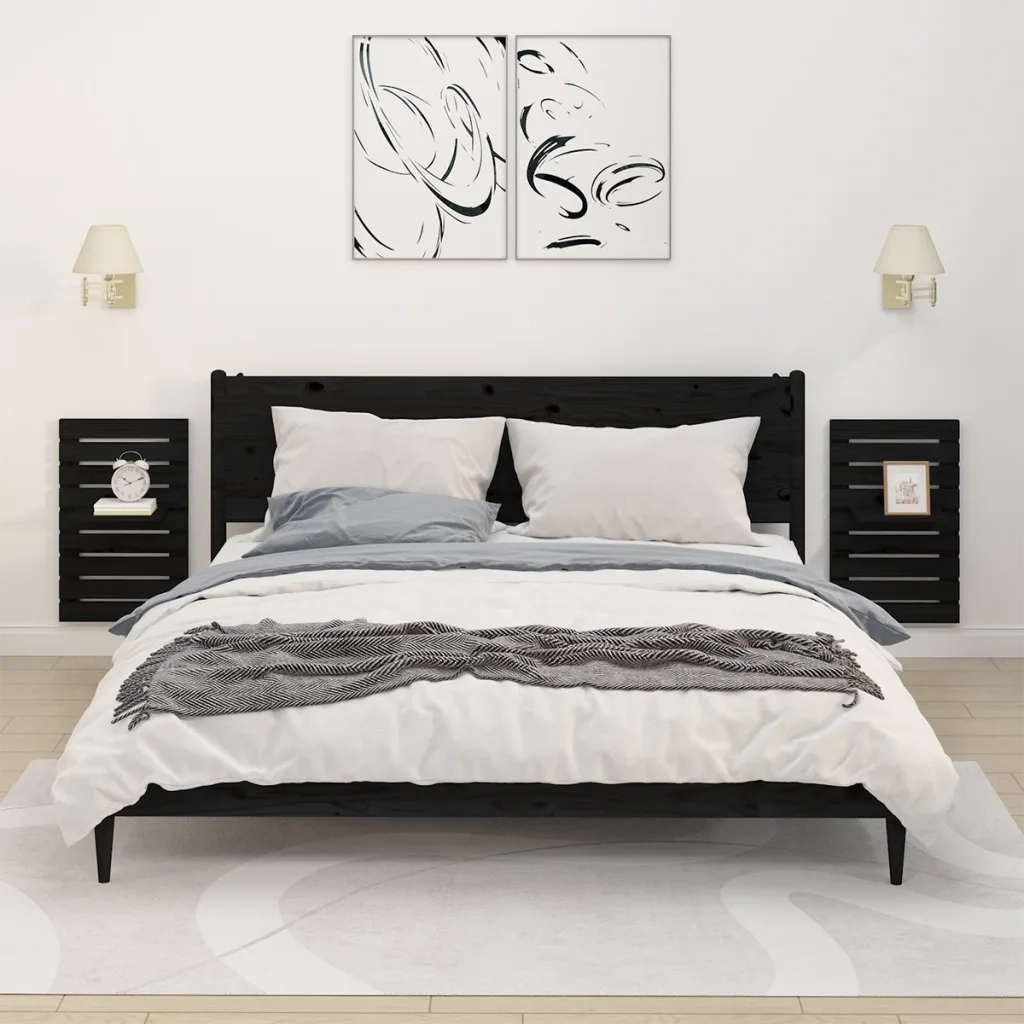 Mensole da Letto a Parete 2 pz Nero Legno Massello di Pino 824772