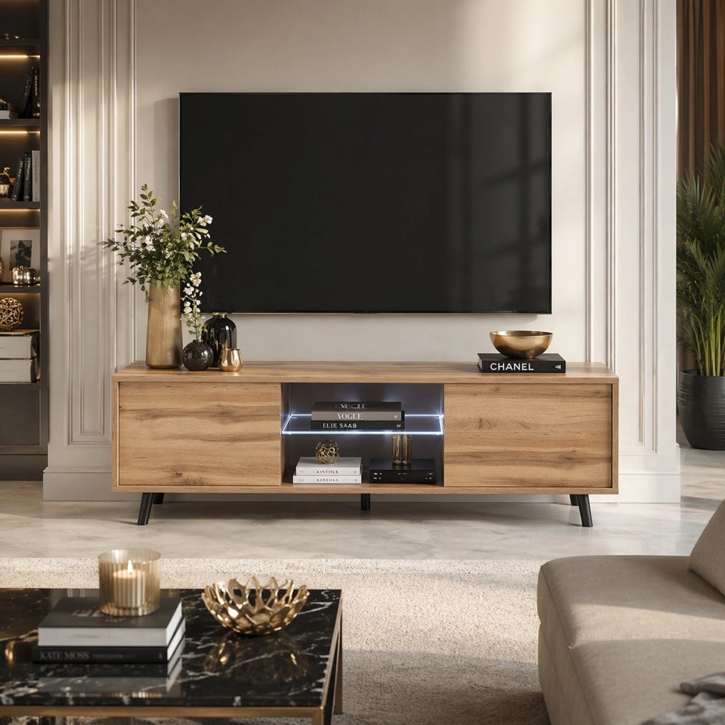 Mobile TV In Melaminico Con 2 Ante Battenti Vano Centrale Con Ripiano In Vetro E LED Piedini In Metallo Per Soggiorno Salotto Zona Living 140 X 31.5 X 40 Cm Rovere