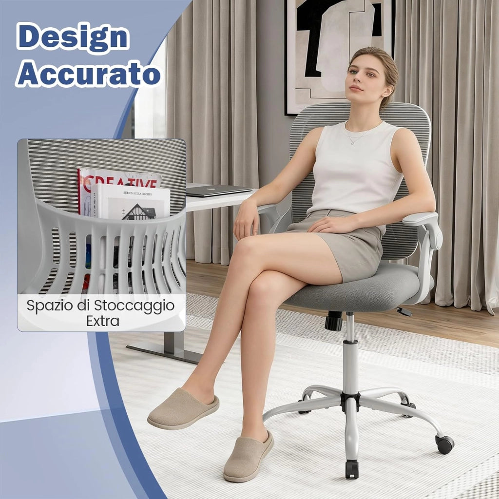 Sedia da Ufficio, Poltrona Ergonomica in Rete Traspirante con Braccioli Reclinabili, Poltrona da Scrivania Girevole Regolabile in Altezza con Ruote