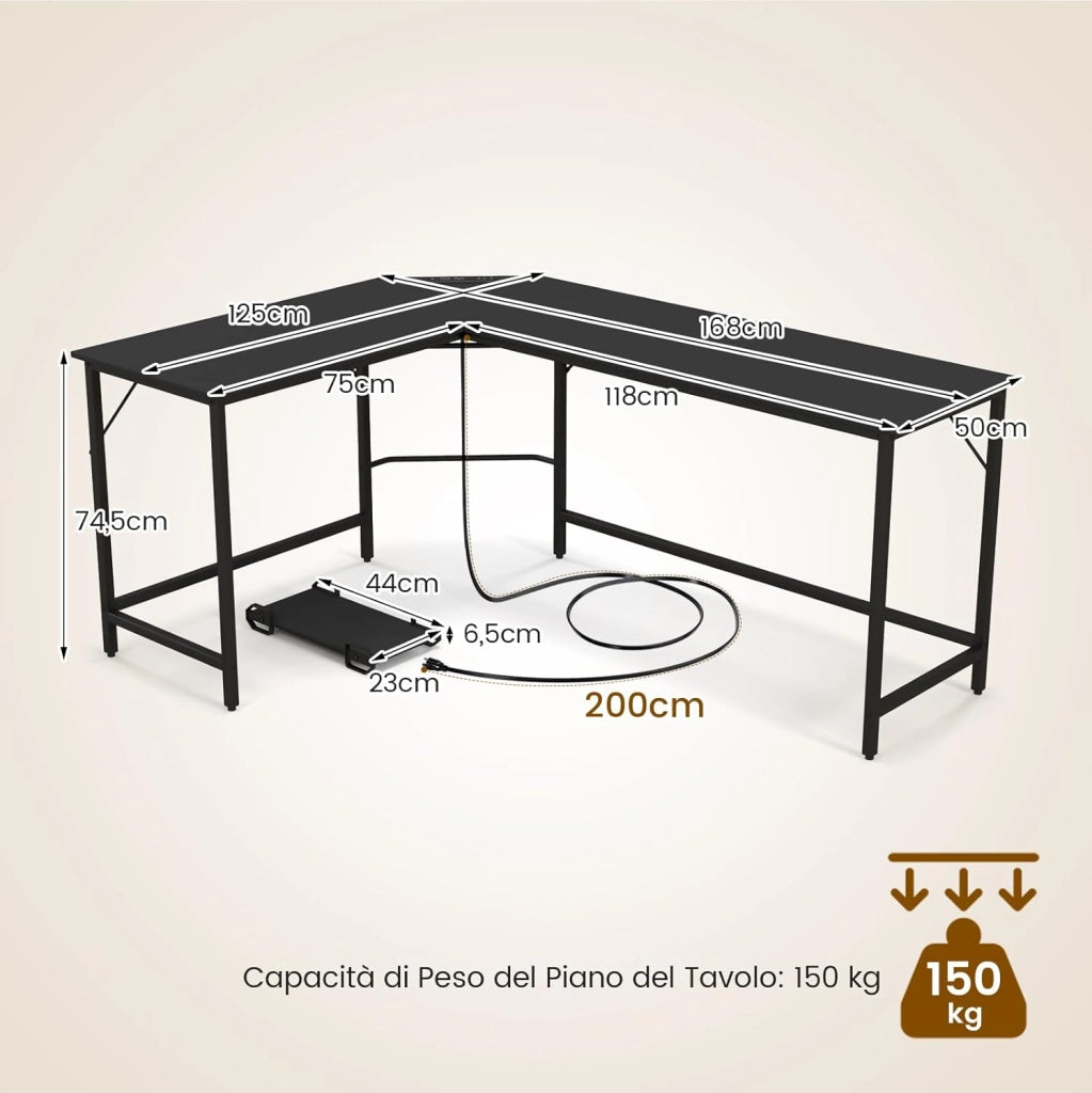 Scrivania angolare per computer, scrivania per computer a forma di L con prese di corrente, supporto per computer, scrivania con porte USB, design poco ingombrante (nero)