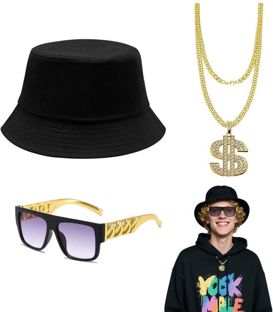 Costume hiphop 3 pezzi - Accessori costume hiphop - Collana a catenella - Occhiali da sole - Cappello a cialda - Materiale: poliestere/ elasta - Costume hiphop
