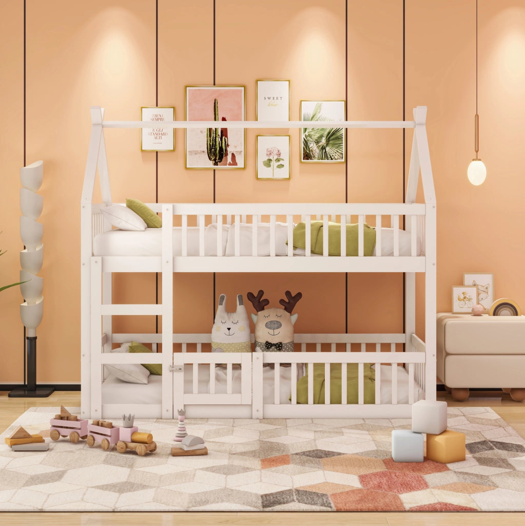 Letto a castello per bambini con scala integrata; porta e protezioni; 90×200 cm; bianco