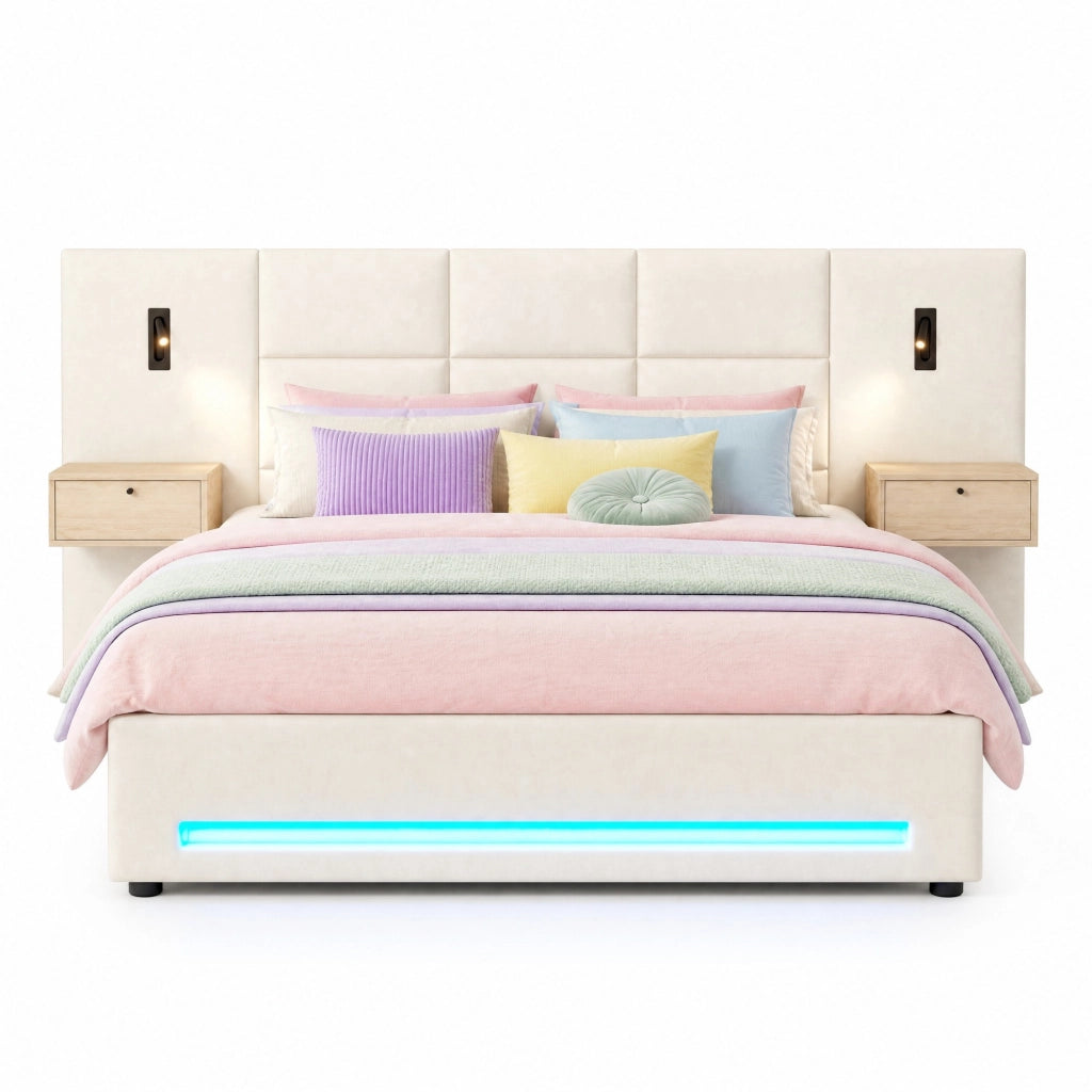 Letto contenitore 180x200 cm beige in velluto, contenitore idraulico e USB-C