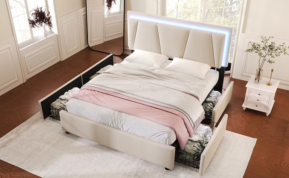 Letto con cassetti 160 × 200 cm con testiera regolabile, LED, 4 cassetti, senza materasso, in legno, beige