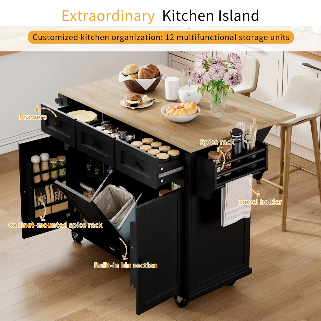 OKWISH Carrello da Cucina con 2 Cassetti, Portaspezie, Vano per Rifiuti e Portasciugamani, per Cucina, Nero e Naturale