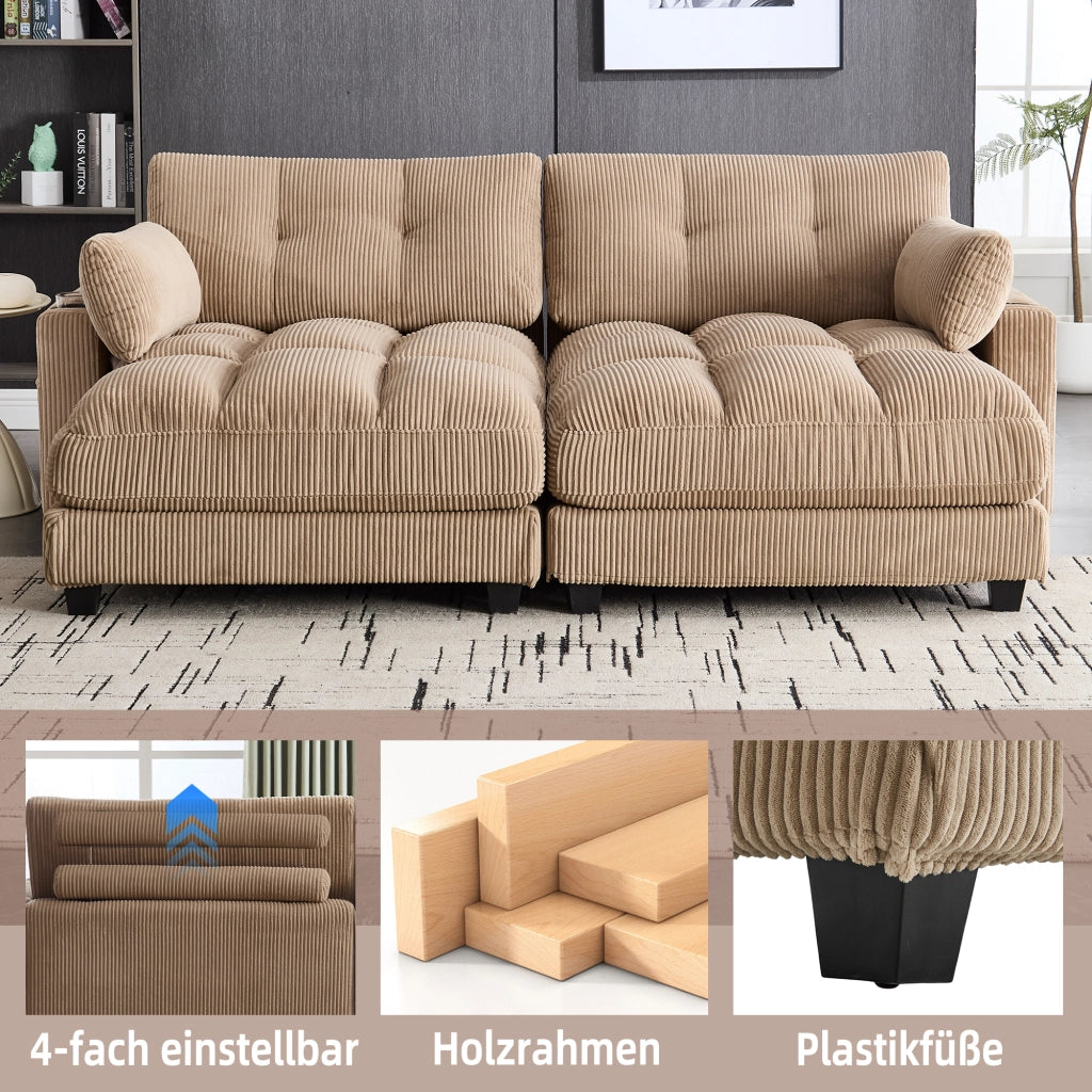 DIVANO Modulare 2 posti 224x140x81 cm tessuto corduroy kaki con 2 cuscini