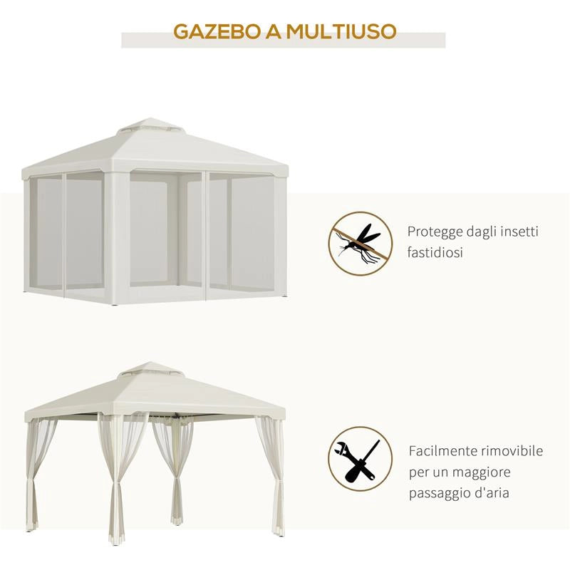 GAZEBO DA GIARDINO CON PALETTI E CORDE DOPPIO TETTO ZANZARIERA PARETI LATERALI BEIGE 294 X 294 X 263 CM