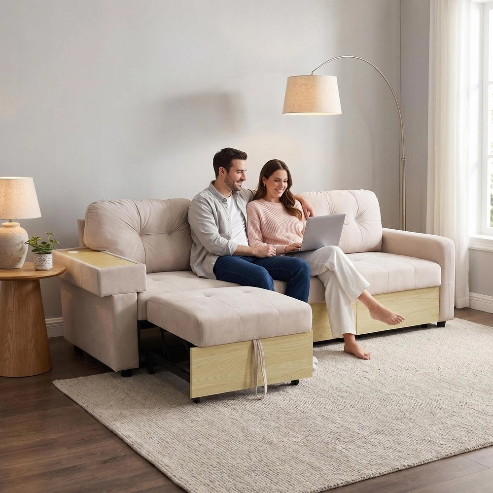 Divano Angolare 3 Posti con Penisola Estraibile ¨C MINIMAL ¨C Velluto Verde/Beige, Contenitore, Braccioli in Legno