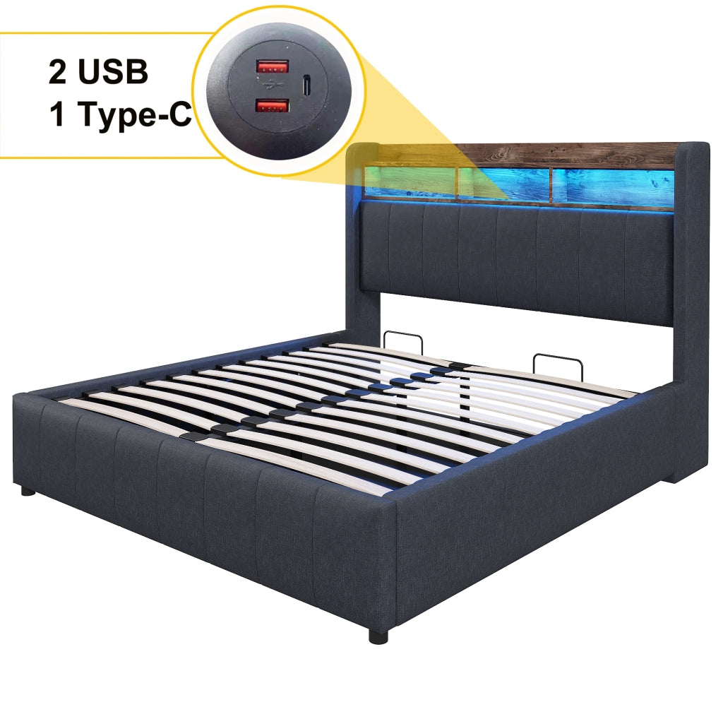 Letto imbottito 160x200 cm grigio con LED, USB e vano contenitore