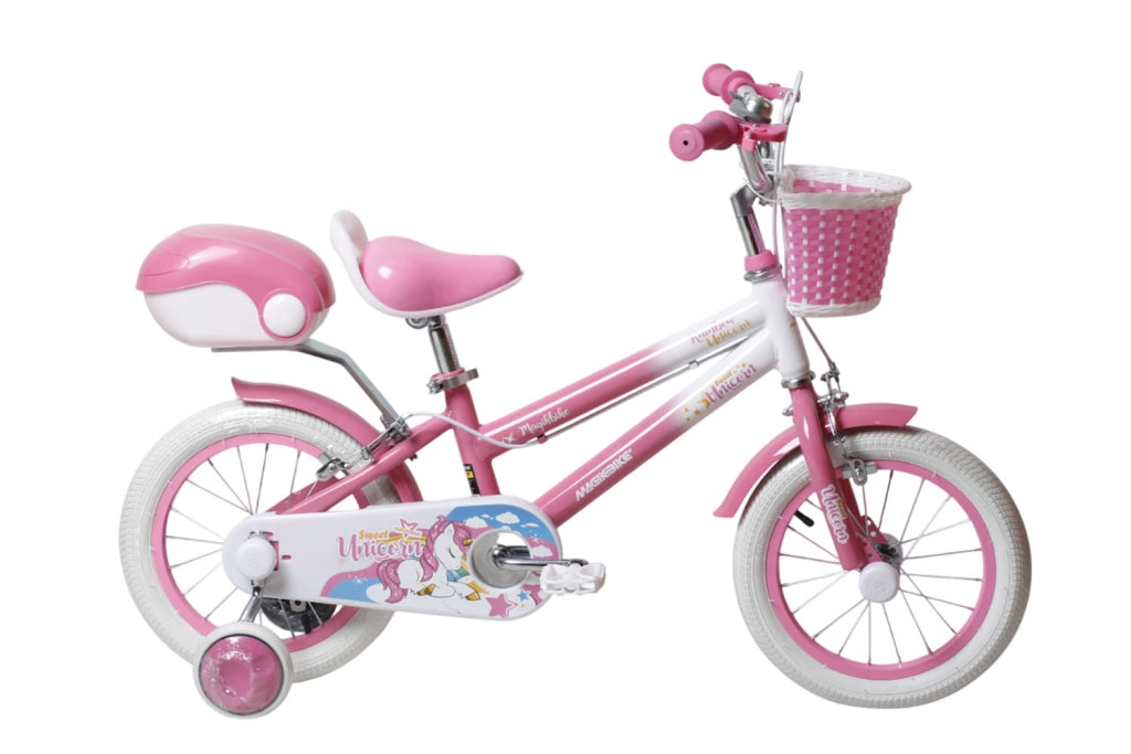 Bicicletta per Bambine Unicorn 16 Pollici con Stabilizzatori Bauletto e Cestino Rosa Rosa