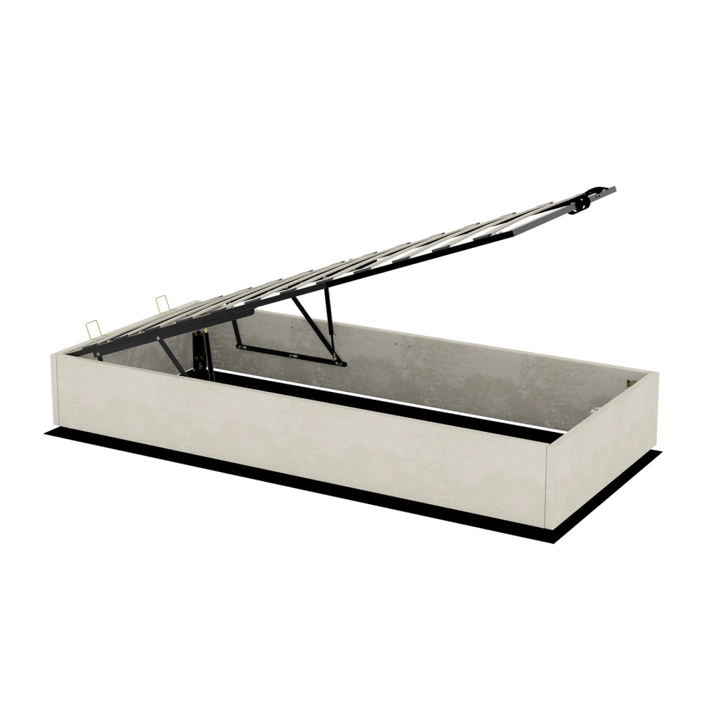 Letto singolo con contenitore pneumatico 90x200 cm; testiera imbottita beige