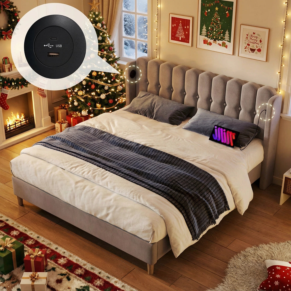 Letto imbottito matrimoniale - Xylo - 160x200 cm - Grigio - USB Type C, telaio con rete a doghe