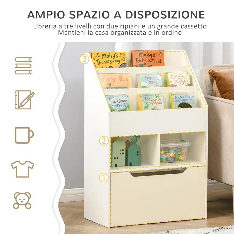 PICCOLA LIBRERIA PER BAMBINI CON RIPIANI E CASSETTO IN MDF, 60X29.9X90CM, BIANCO
