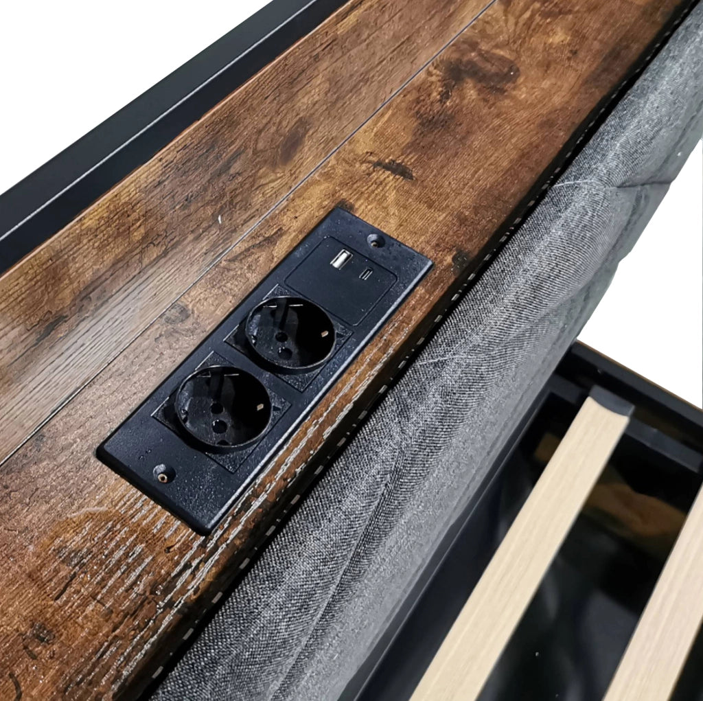 Letto 140x190 cm con baldacchino removibile; contenitore e LED in metallo e legno nero