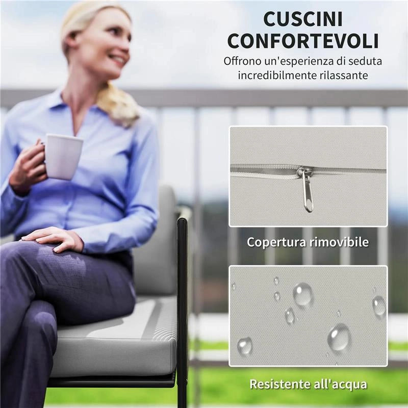 SET DA GIARDINO RATTAN CON DIVANETTO 2 POSTI 2 POLTRONE E TAVOLINO IN VETRO CUSCINI SFODERABILI GRIGIO