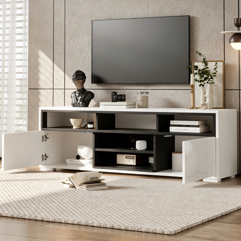 Mobile TV LED 150 x 35 x 50 cm, bianco, in pannello truciolare, con vani portaoggetti, luci LED e portata 30 kg