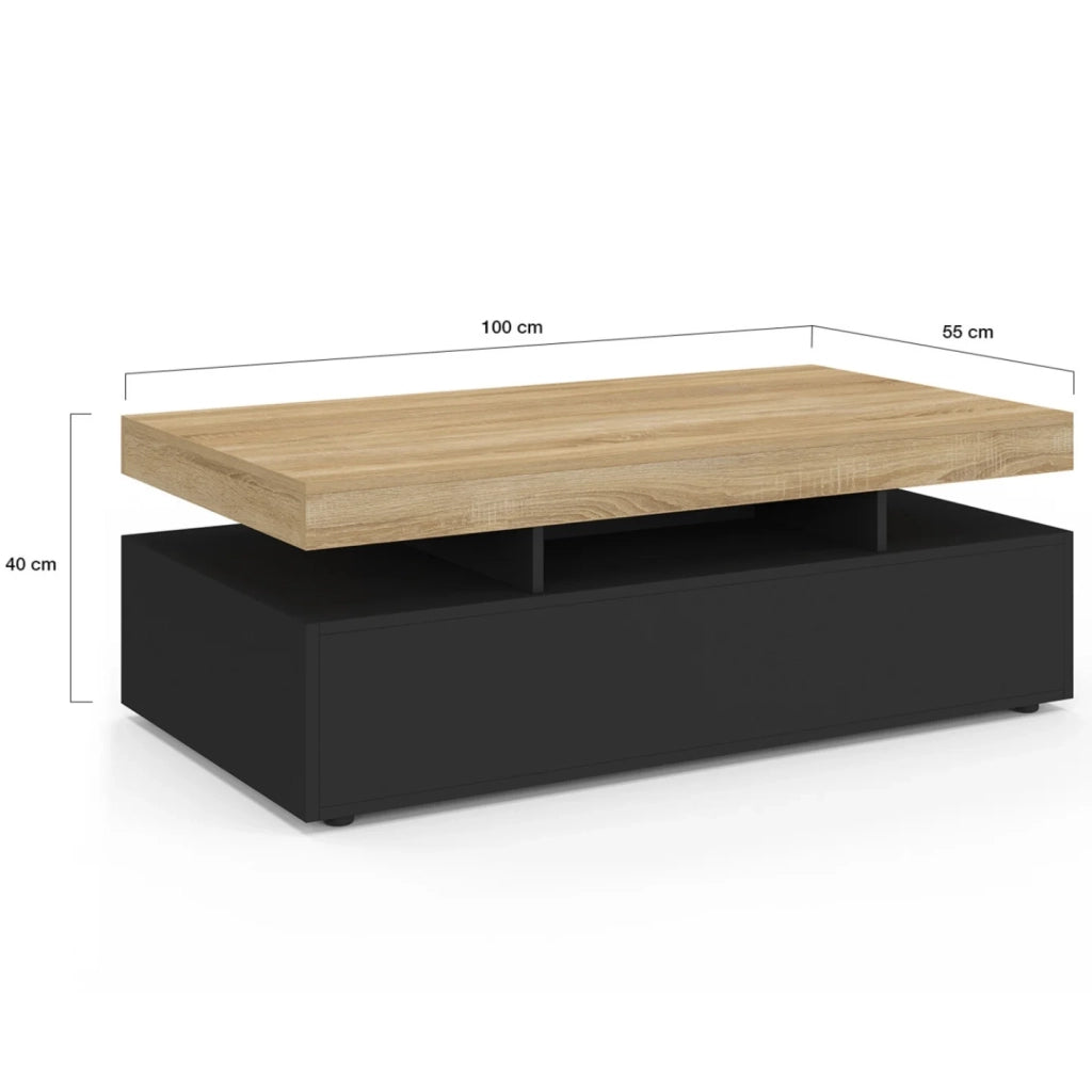 IDMarket - Tavolino rettangolare a 2 cassetti ELSA in legno nero con piano in faggio