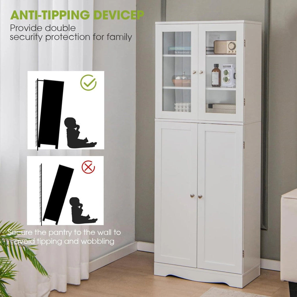 Armadio alto dispensa da cucina, mobile credenza indipendente con due ante in vetro temperato, per sala da pranzo, soggiorno, 60 x 31,5 x 161,5 cm (bianco)