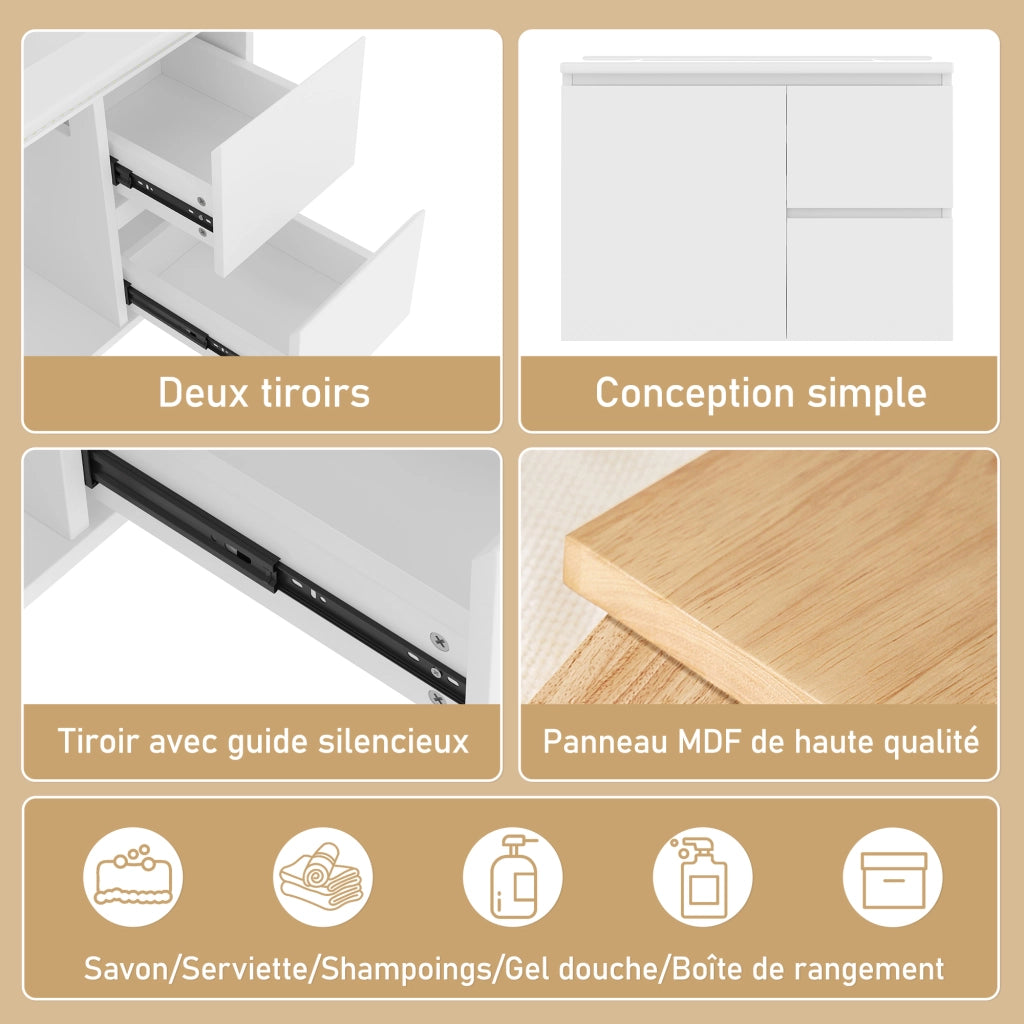 Mobile sottolavabo con 2 cassetti, LED a sensore radar, lavabo in ceramica, per bagno, bianco, 76 × 46 × 50 cm