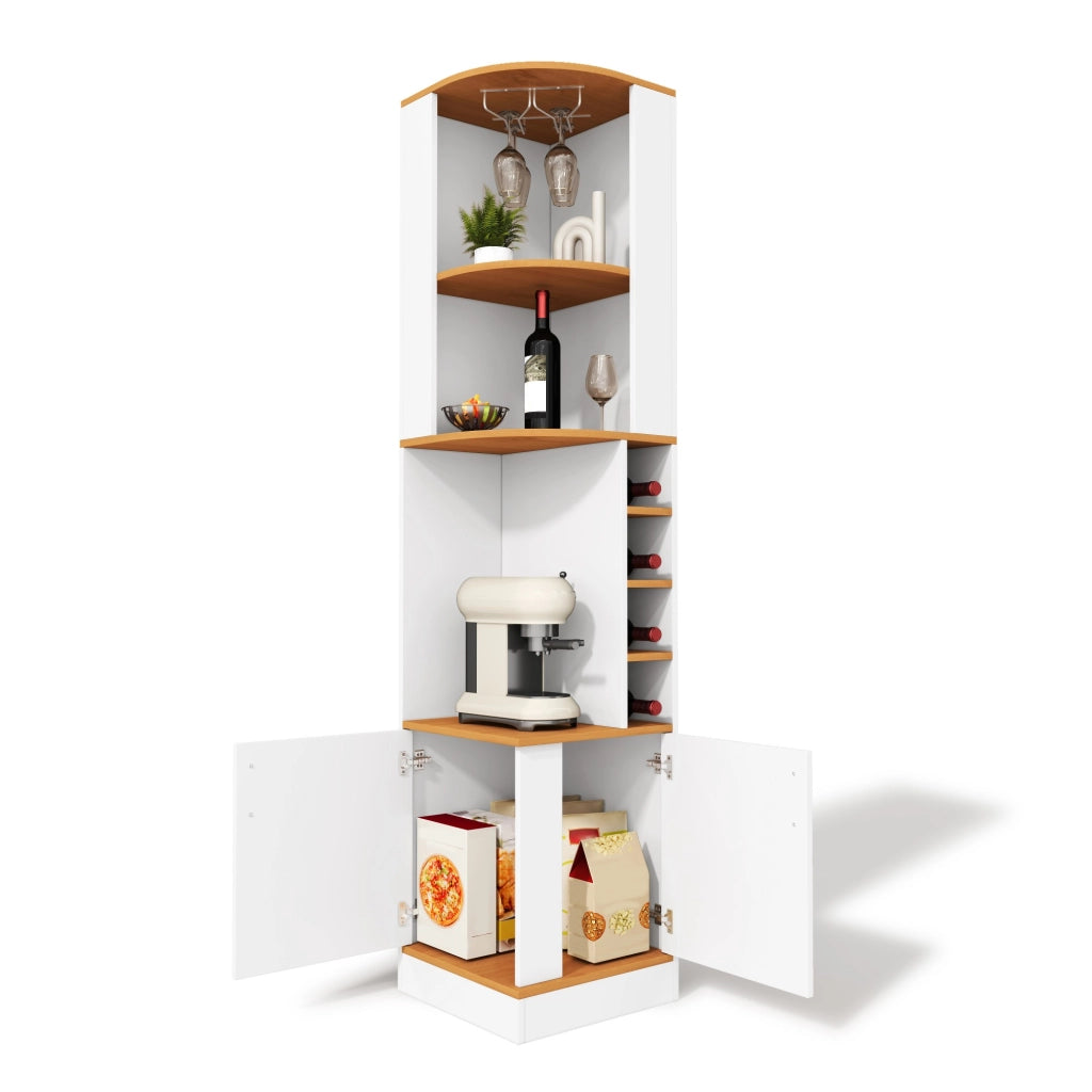 Credenza angolare salvaspazio 40x40x182 cm con portabicchieri, vani per vino e mobiletto chiuso, bianco