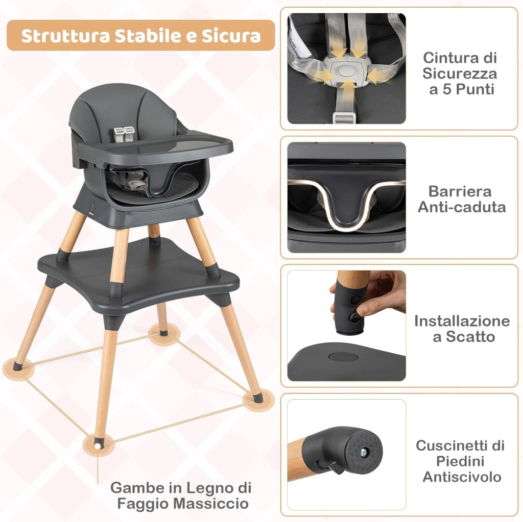 Seggiolone Pappa per Bambini, Seggiolone Convertibile con Cintura e Vassoio Rimovibile, Sedia Evolutiva per Neonati, Telaio in Legno Massello, per Neonati 6-36 Mesi (Grigio Scuro)