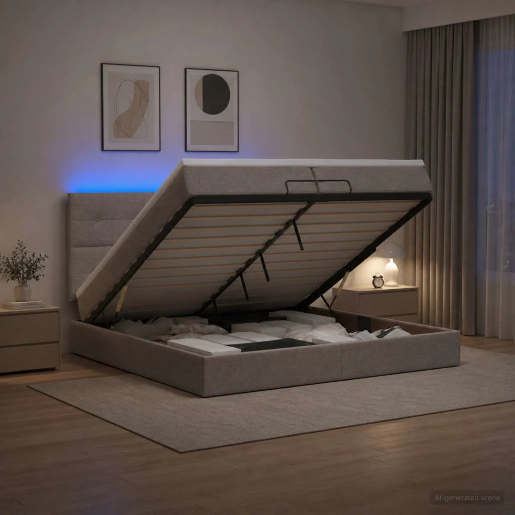 Letto Ottomano con Materasso e LED Tortora 200 x 200 cm Tessuto 3458101