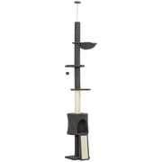 Albero per Gatti a Soffitto Alto 220-240 cm con Amaca Casetta Piattaforme a Fiore e Pali in Sisal Grigio