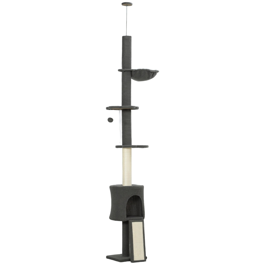 Albero per Gatti a Soffitto Alto 220-240 cm con Amaca Casetta Piattaforme a Fiore e Pali in Sisal Grigio