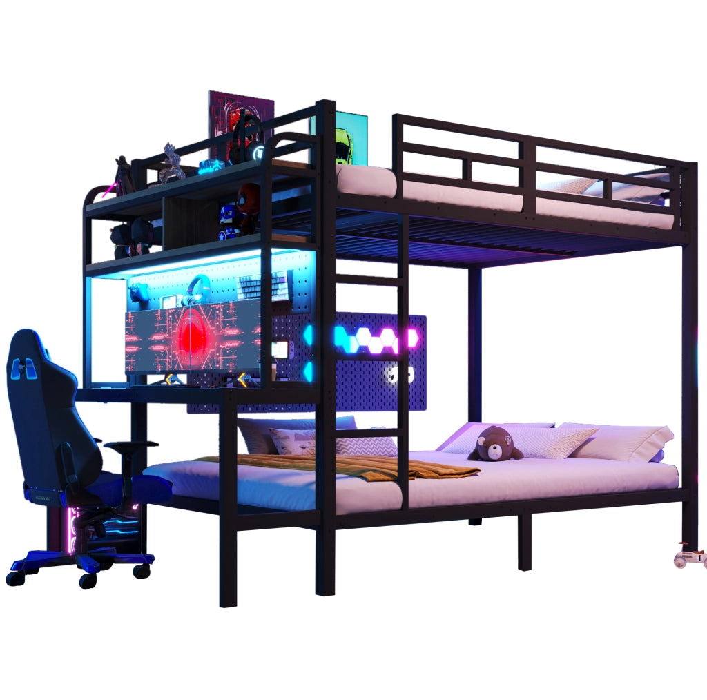Letto a castello 140x200 cm in metallo e MDF; con scrivania; ripiani; LED e USB; nero