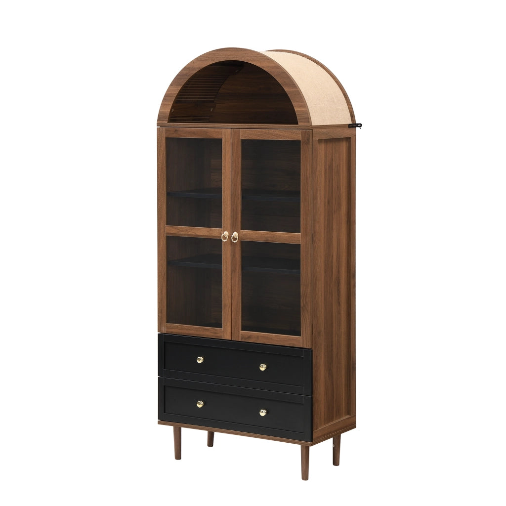 Credenza moderna con ripiani regolabili e vetro rigato; 70x38x165 cm; noce