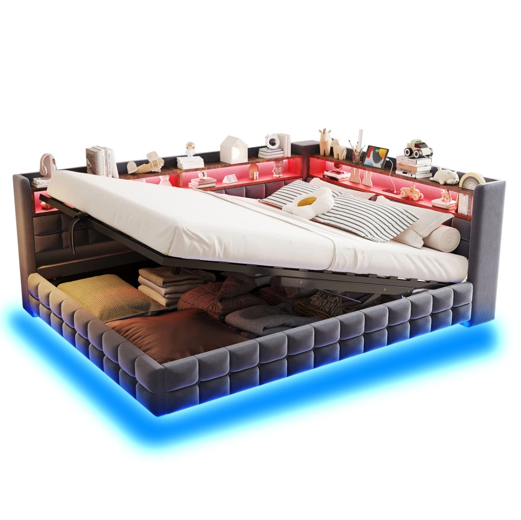 Divano letto 140x200 cm con vano idraulico; LED e prese USB/USB-C in velluto grigio
