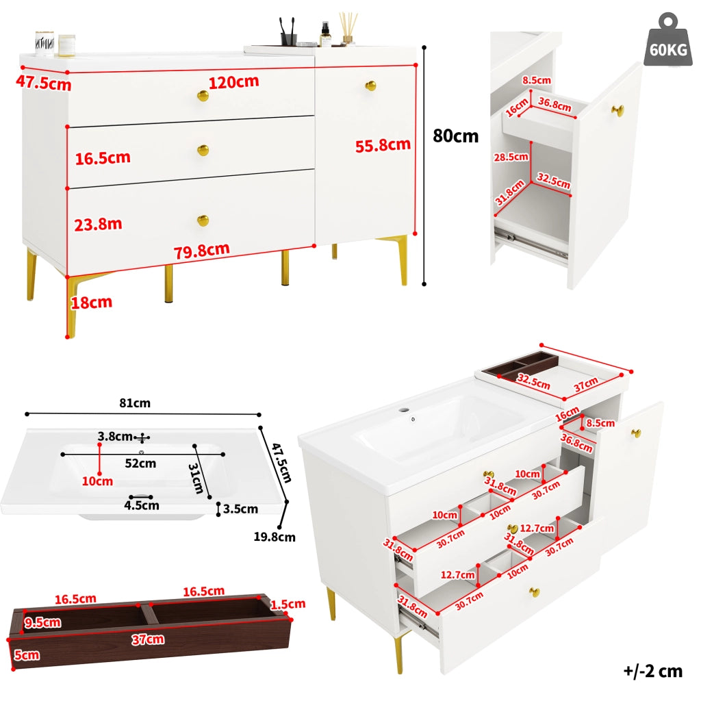 Mobile Bagno con Lavabo in Ceramica ¨C MINIMAL ¨C Bianco/Oro, Cassetti, Sottolavabo