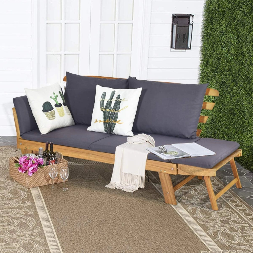 Divano Letto 2 Posti da Esterno in Legno di Acacia con Braccioli Regolabili, Sdraio da Giardino con Cuscini, Chaise longue Pieghevole per Giardino, Piscina, Cortile