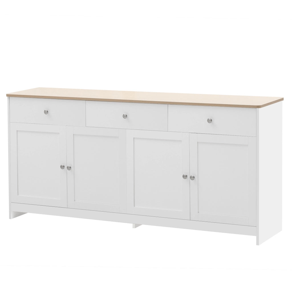 Credenza 160x37x75 cm bianca e color legno in MDF, 4 ante e 3 cassetti