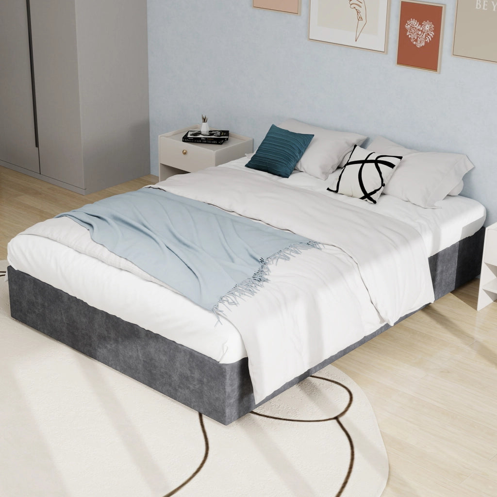 Letto Matrimoniale 160x200 cm; Struttura in Tessuto e Metallo; Grigio