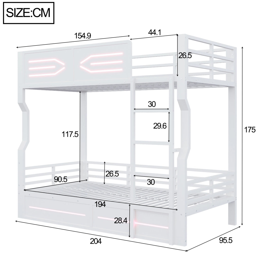 Letto a castello 90x200 cm bianco con LED, scala dritta e sponde di sicurezza