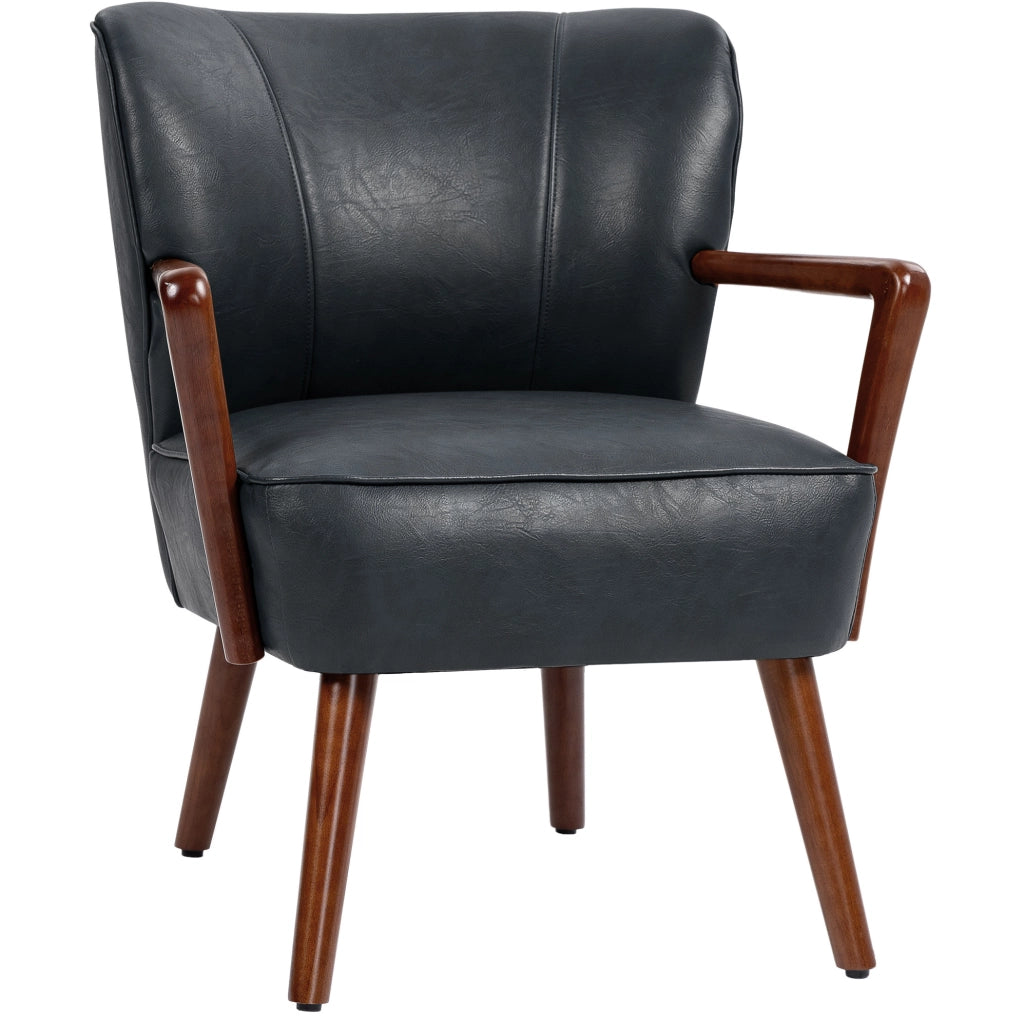 Poltroncina imbottita nera con braccioli e gambe in legno