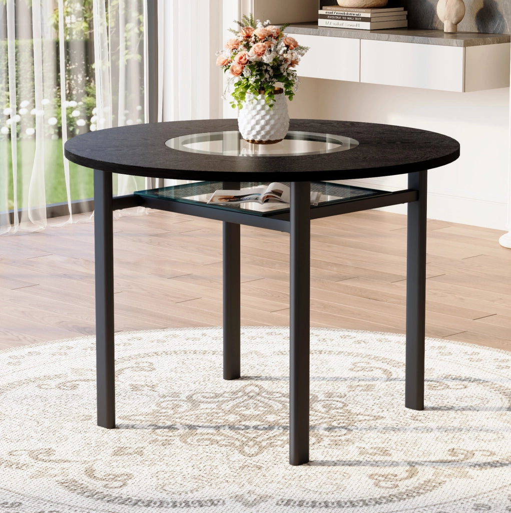 Tavolo da pranzo rotondo 100 cm in MDF nero con vetro grigio e ripiano per 2-4 persone