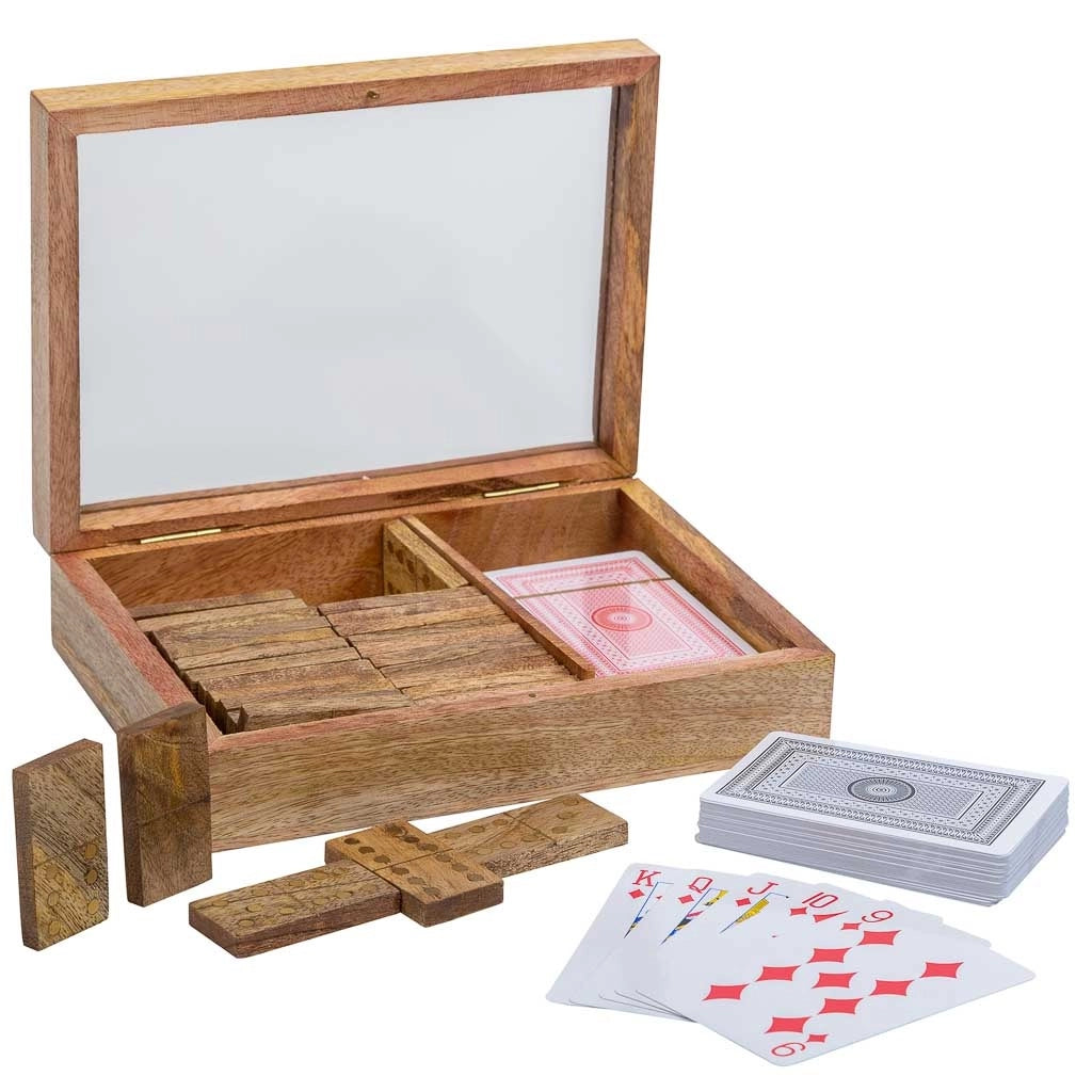 Gioco 2 in 1 (Domino+carte) in scatola di legno marrone 17x12x4h