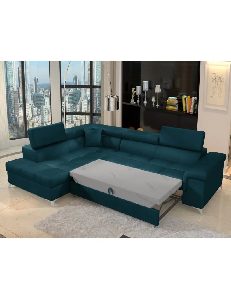 Divano ad angolo convertibile PALAZZO 4 posti blu scuro – angolo sinistro con 1 cuscino