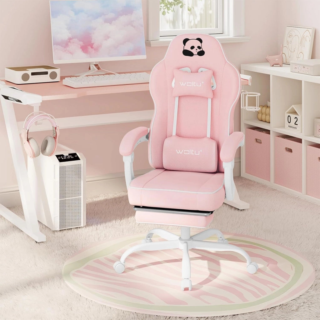 Sedia Gaming, Ampia Sedia da Ufficio Ergonomica Imbottita con Cuscino a Molla, Alta Capacità di Carico, Poltrona per Computer con Schienale Alto e Poggiapiedi, Tessuto a rete, Rosa, GS16rs
