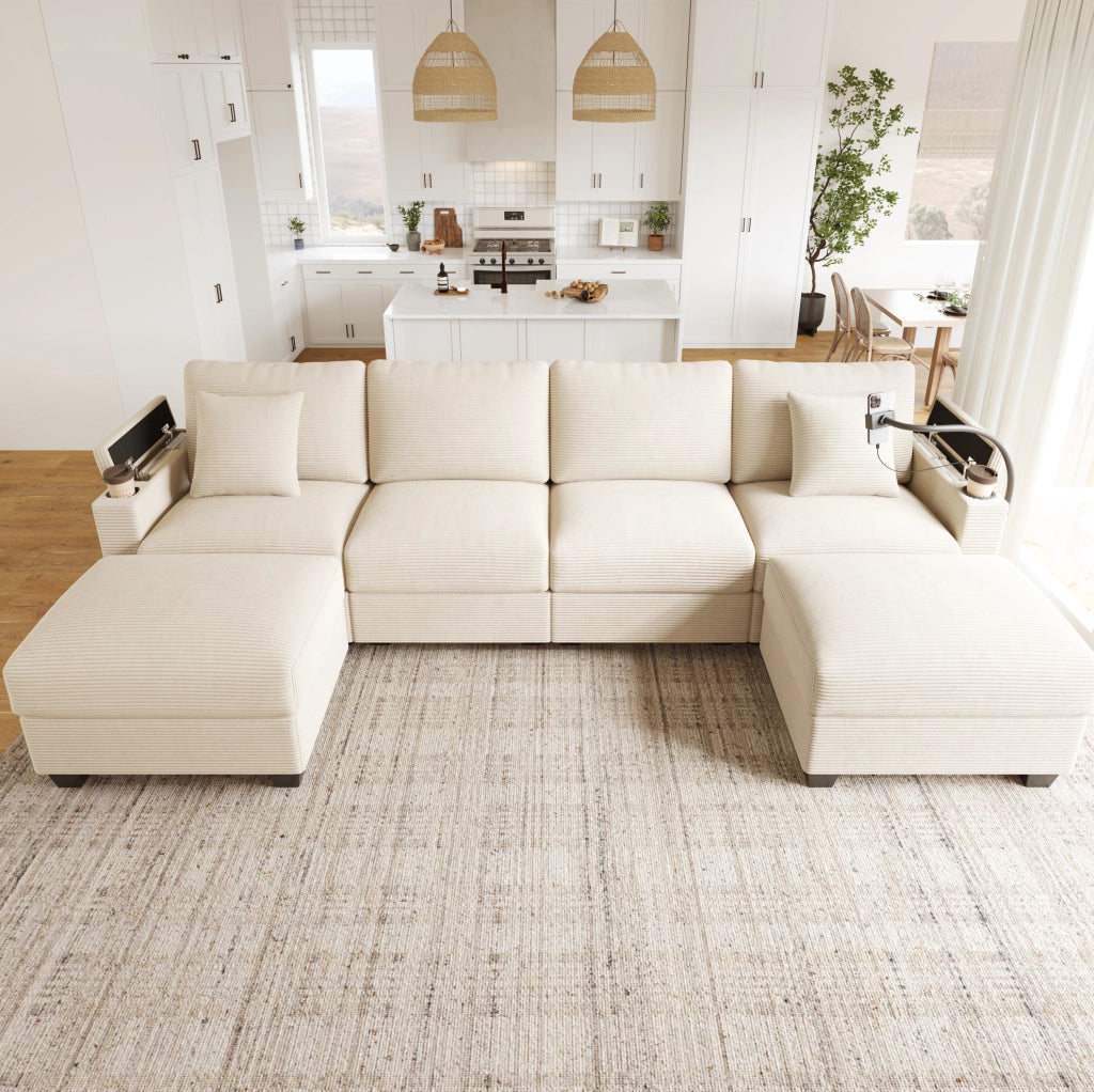 Divano modulare ad angolo in corduroy beige 275;5 x 139 x 87 cm con USB e USB-C