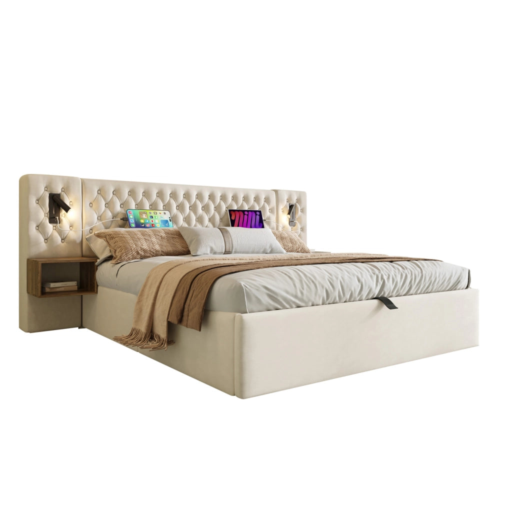 Letto matrimoniale 160x200 cm con contenitore idraulico; 2 comodini; luci lettura e porte USB; beige in velluto