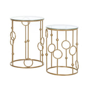 Tavolo da pranzo - set 2 tavolini - piano in vetro - design ruota e sfera - Ø41x57 cm - oro