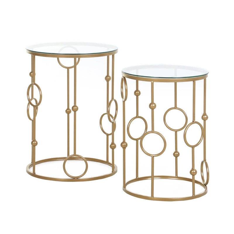 Tavolo da pranzo - set 2 tavolini - piano in vetro - design ruota e sfera - Ø41x57 cm - oro