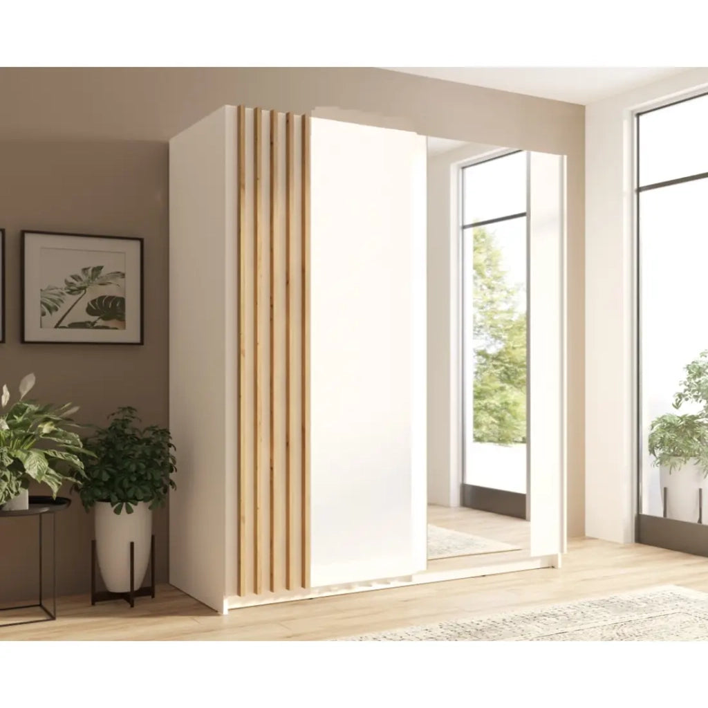 Armadio con 2 porte scorrevoli 200 cm - bianco e rovere - Collezione VARIA